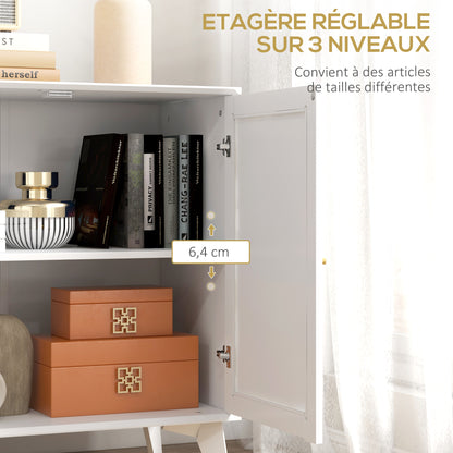 Low Sideboard, Storage Cabinet, Bohemian Design, Double Doors with 2 Levels, Kitchen Buffet with Rattan Front, 80 x 40 x 85 cm, White