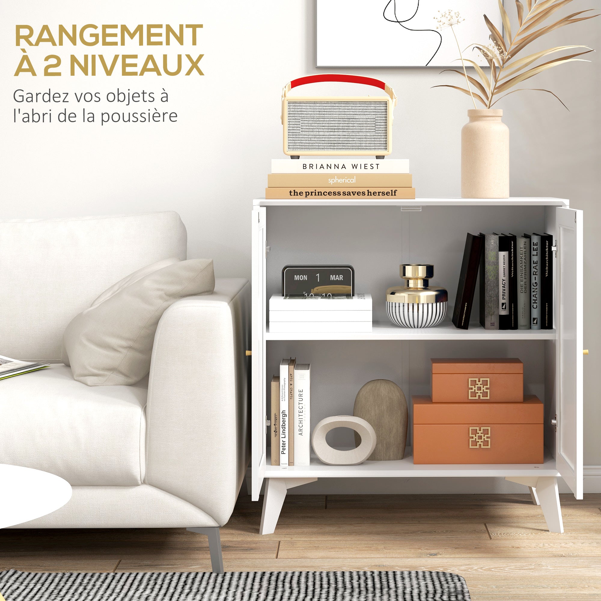 Low Sideboard, Storage Cabinet, Bohemian Design, Double Doors with 2 Levels, Kitchen Buffet with Rattan Front, 80 x 40 x 85 cm, White