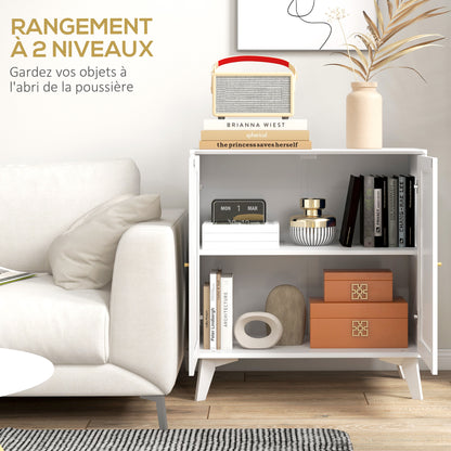 Low Sideboard, Storage Cabinet, Bohemian Design, Double Doors with 2 Levels, Kitchen Buffet with Rattan Front, 80 x 40 x 85 cm, White