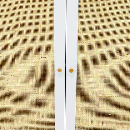 Low Sideboard, Storage Cabinet, Bohemian Design, Double Doors with 2 Levels, Kitchen Buffet with Rattan Front, 80 x 40 x 85 cm, White