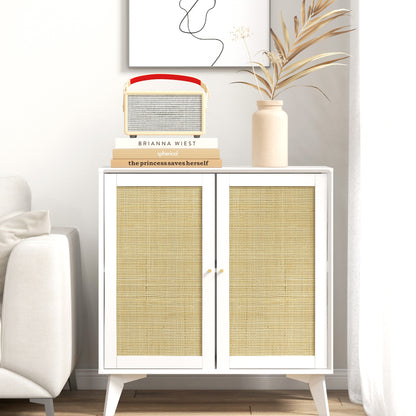 Low Sideboard, Storage Cabinet, Bohemian Design, Double Doors with 2 Levels, Kitchen Buffet with Rattan Front, 80 x 40 x 85 cm, White