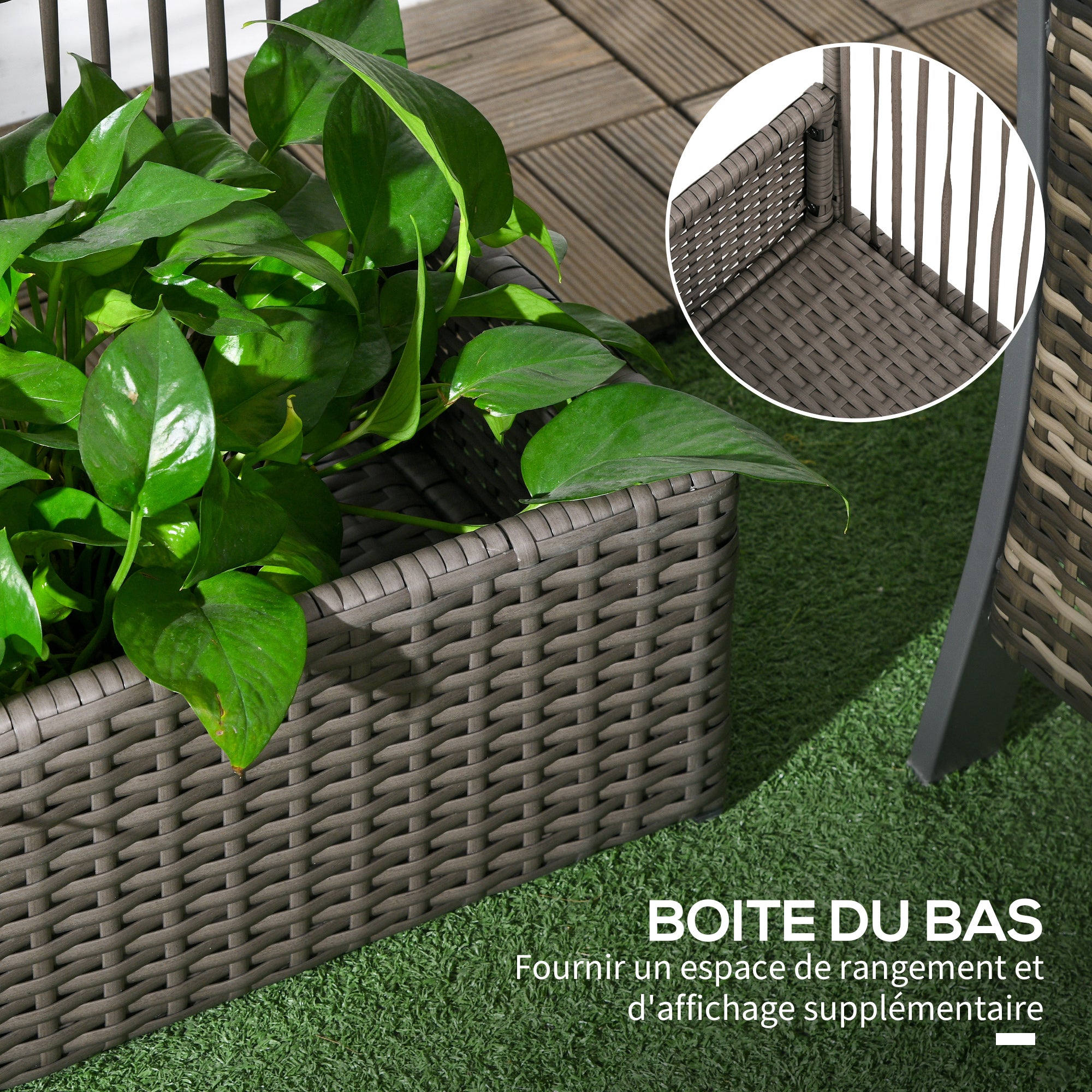 Planter with Trellis Raised Planter Stand for Plants with Trellis Rectangular Flower Box in Woven PE Resin and Steel dim. 103L x 29W x 103H cm Gray