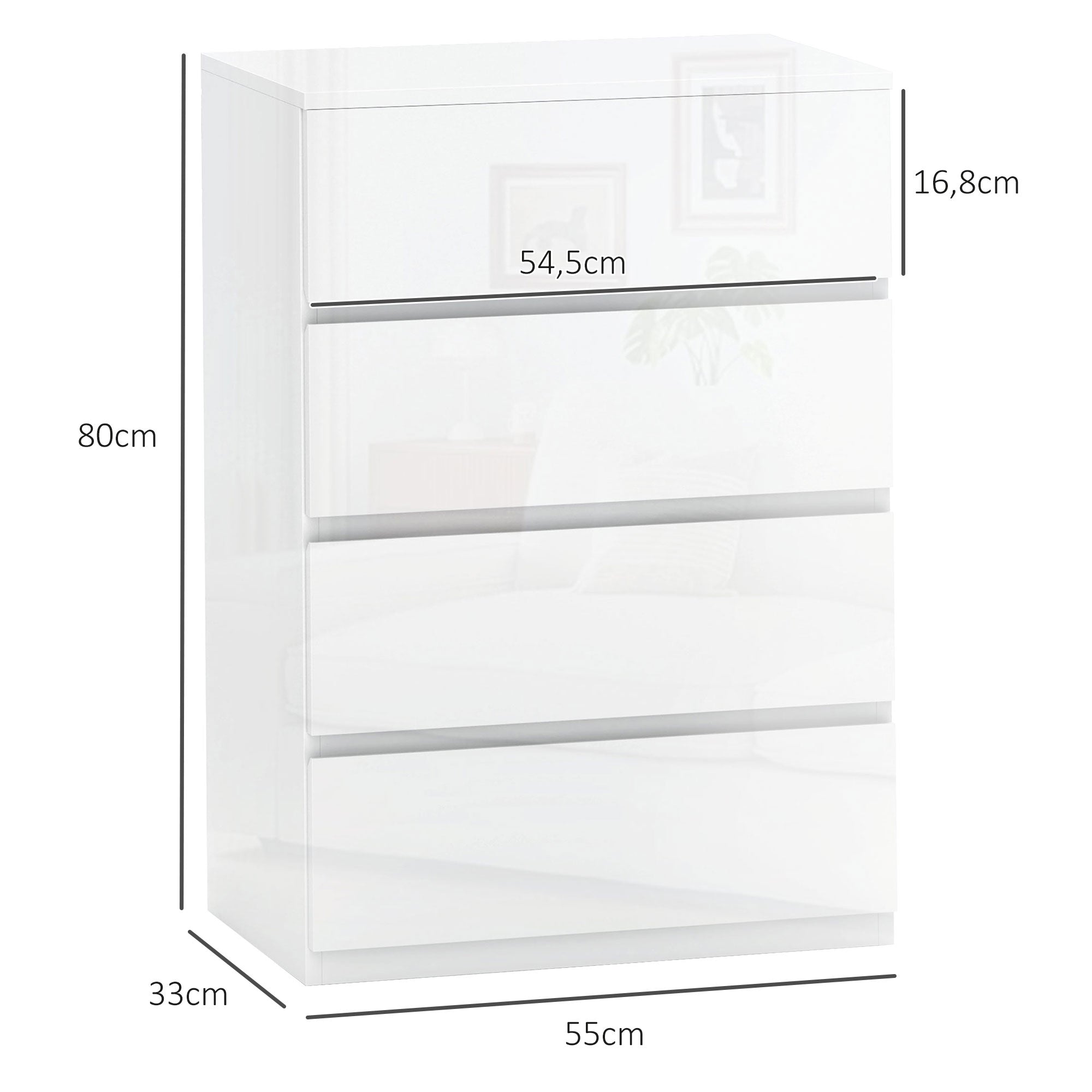 4-Drawer Chest Modern Bedroom Chest with Anti-tip Design Dresser for Living Room Hallway 55x33x80 cm Bright White