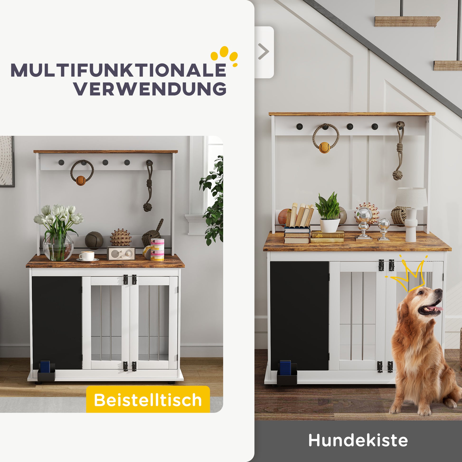 Dog Crate for Home, Dog Box with 3 Doors, Toy Storage Shelf, Dog House with Hooks, Chalkboard, Eraser, for Large Dogs, White