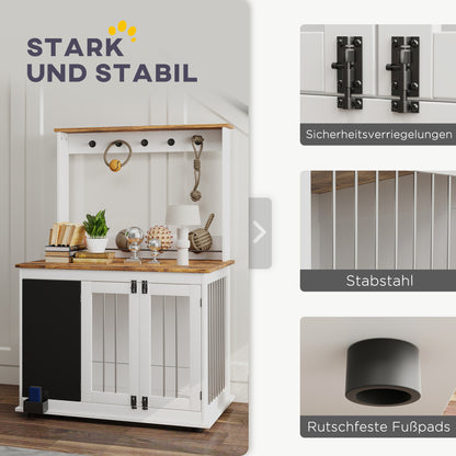 Dog Crate for Home, Dog Box with 3 Doors, Toy Storage Shelf, Dog House with Hooks, Chalkboard, Eraser, for Large Dogs, White