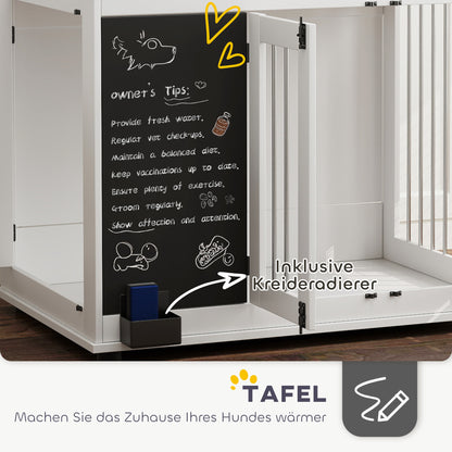 Dog Crate for Home, Dog Box with 3 Doors, Toy Storage Shelf, Dog House with Hooks, Chalkboard, Eraser, for Large Dogs, White
