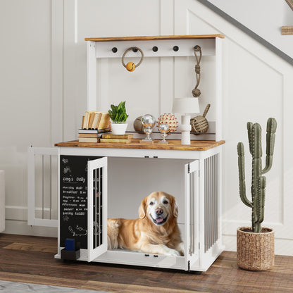 Dog Crate for Home, Dog Box with 3 Doors, Toy Storage Shelf, Dog House with Hooks, Chalkboard, Eraser, for Large Dogs, White