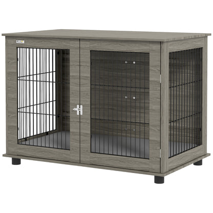 Indoor Dog Cage, Side Table, 100 x 60 x 73.5 cm, dog kennel up to 30 kg, with removable cushion and lockable door, easy assembly, gray