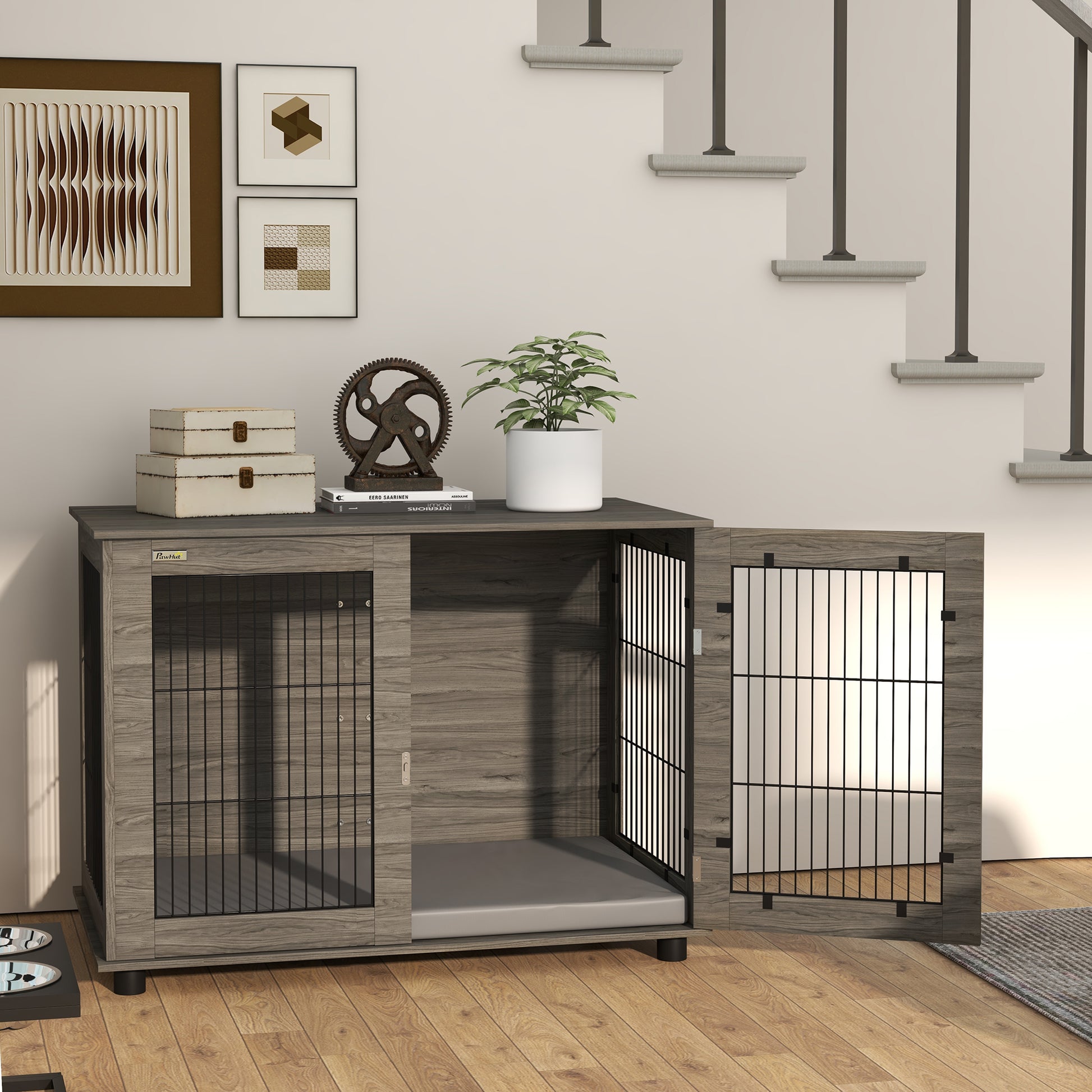 Indoor Dog Cage, Side Table, 100 x 60 x 73.5 cm, dog kennel up to 30 kg, with removable cushion and lockable door, easy assembly, gray