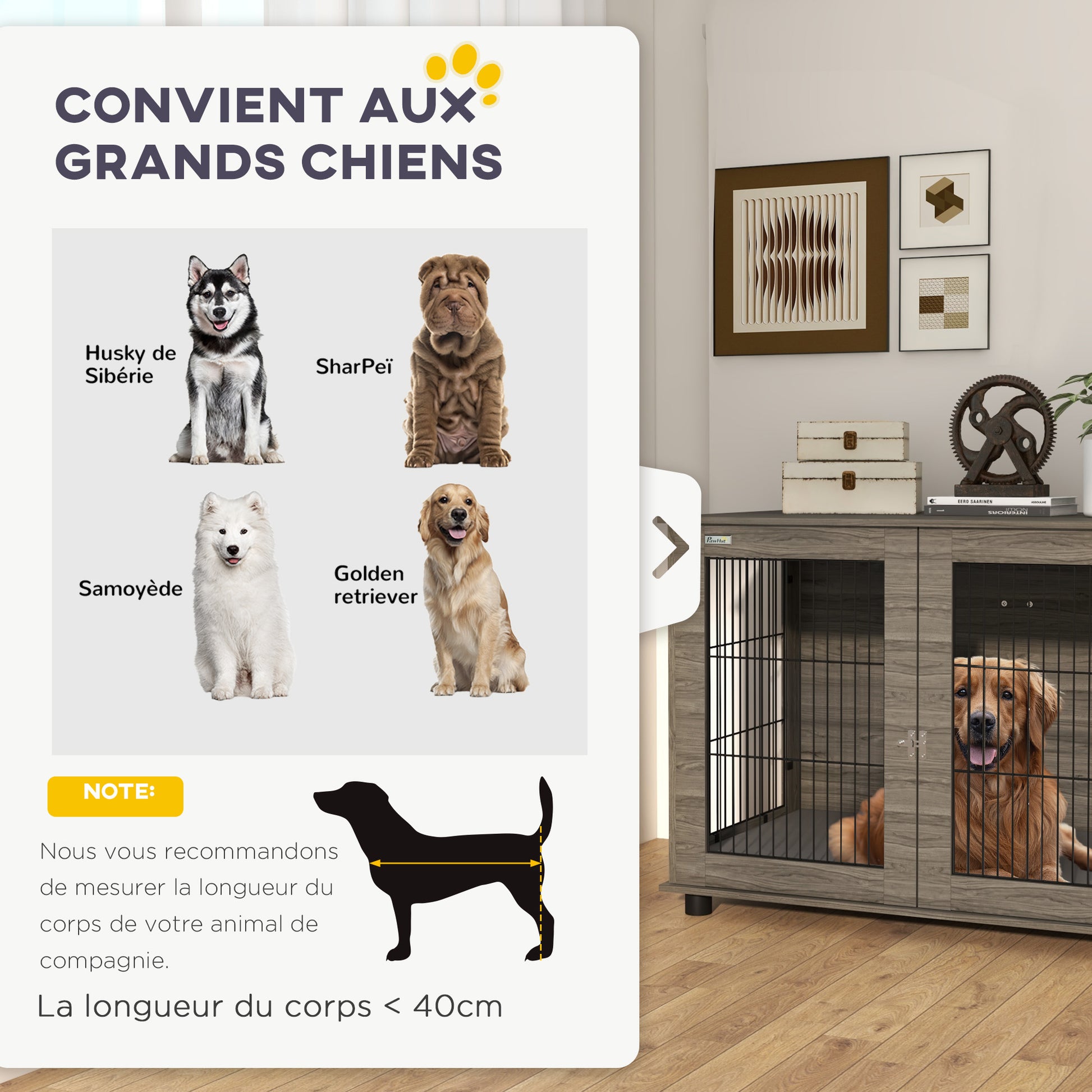 Indoor Dog Cage, Side Table, 100 x 60 x 73.5 cm, dog kennel up to 30 kg, with removable cushion and lockable door, easy assembly, gray
