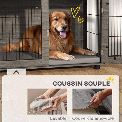 Indoor Dog Cage, Side Table, 100 x 60 x 73.5 cm, dog kennel up to 30 kg, with removable cushion and lockable door, easy assembly, gray