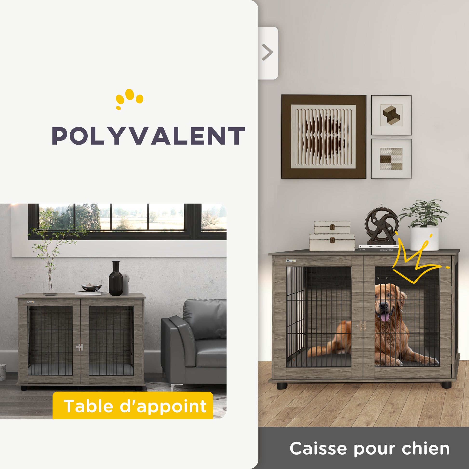 Indoor Dog Cage, Side Table, 100 x 60 x 73.5 cm, dog kennel up to 30 kg, with removable cushion and lockable door, easy assembly, gray