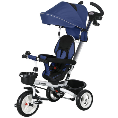 6 in 1 Tricycle with Push Handle, Children's Tricycle with Safety Harness, Foldable, Removable Sun Canopy, Cup Holder, Basket, Pedal, up to 25 kg, for 1-5 Year Old Children, Blue