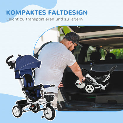 6 in 1 Tricycle with Push Handle, Children's Tricycle with Safety Harness, Foldable, Removable Sun Canopy, Cup Holder, Basket, Pedal, up to 25 kg, for 1-5 Year Old Children, Blue