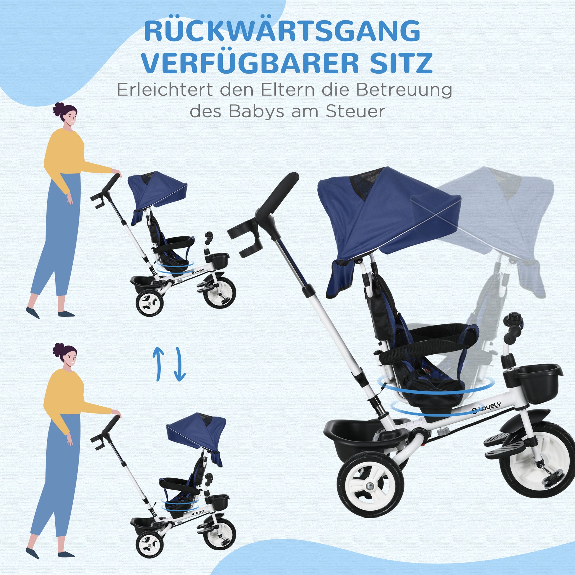 6 in 1 Tricycle with Push Handle, Children's Tricycle with Safety Harness, Foldable, Removable Sun Canopy, Cup Holder, Basket, Pedal, up to 25 kg, for 1-5 Year Old Children, Blue