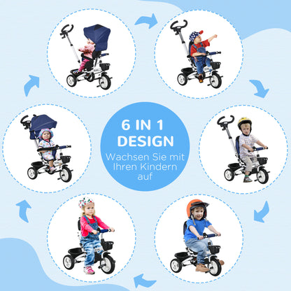 6 in 1 Tricycle with Push Handle, Children's Tricycle with Safety Harness, Foldable, Removable Sun Canopy, Cup Holder, Basket, Pedal, up to 25 kg, for 1-5 Year Old Children, Blue
