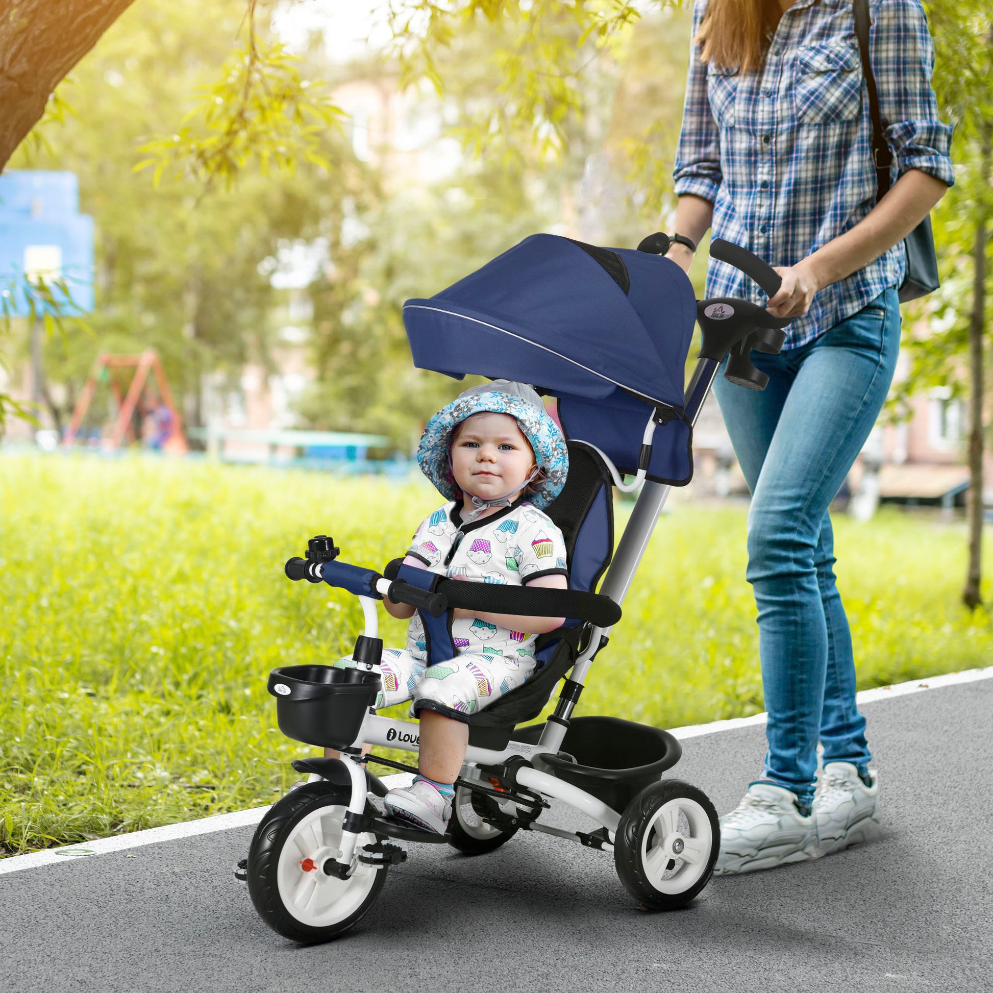 6 in 1 Tricycle with Push Handle, Children's Tricycle with Safety Harness, Foldable, Removable Sun Canopy, Cup Holder, Basket, Pedal, up to 25 kg, for 1-5 Year Old Children, Blue