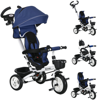 6 in 1 Tricycle with Push Handle, Children's Tricycle with Safety Harness, Foldable, Removable Sun Canopy, Cup Holder, Basket, Pedal, up to 25 kg, for 1-5 Year Old Children, Blue