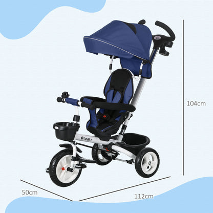 6 in 1 Tricycle with Push Handle, Children's Tricycle with Safety Harness, Foldable, Removable Sun Canopy, Cup Holder, Basket, Pedal, up to 25 kg, for 1-5 Year Old Children, Blue