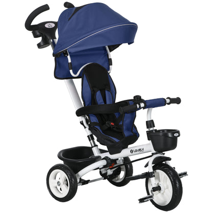6 in 1 Tricycle with Push Handle, Children's Tricycle with Safety Harness, Foldable, Removable Sun Canopy, Cup Holder, Basket, Pedal, up to 25 kg, for 1-5 Year Old Children, Blue