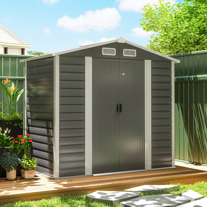 Outdoor Garden Shed 2.36m² 213x120x194 cm Exterior Garden Storage with Reinforced Base (Floor Not Included) Sliding Double Doors Padlock Windows Dark Gray