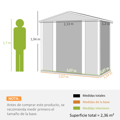 Outdoor Garden Shed 2.36m² 213x120x194 cm Exterior Garden Storage with Reinforced Base (Floor Not Included) Sliding Double Doors Padlock Windows Dark Gray