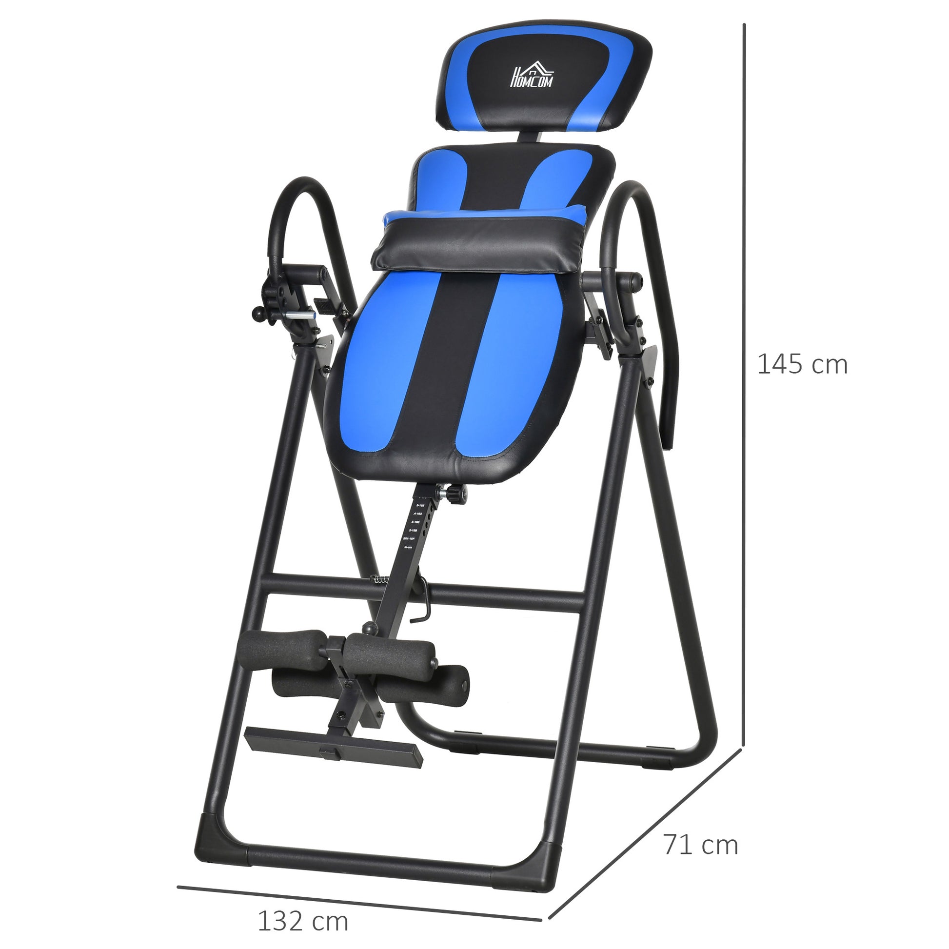 folding inversion bench gravity trainer with two movable wheels adjusted back pad metal ABS Black+Blue 132 x 71 x 145 cm
