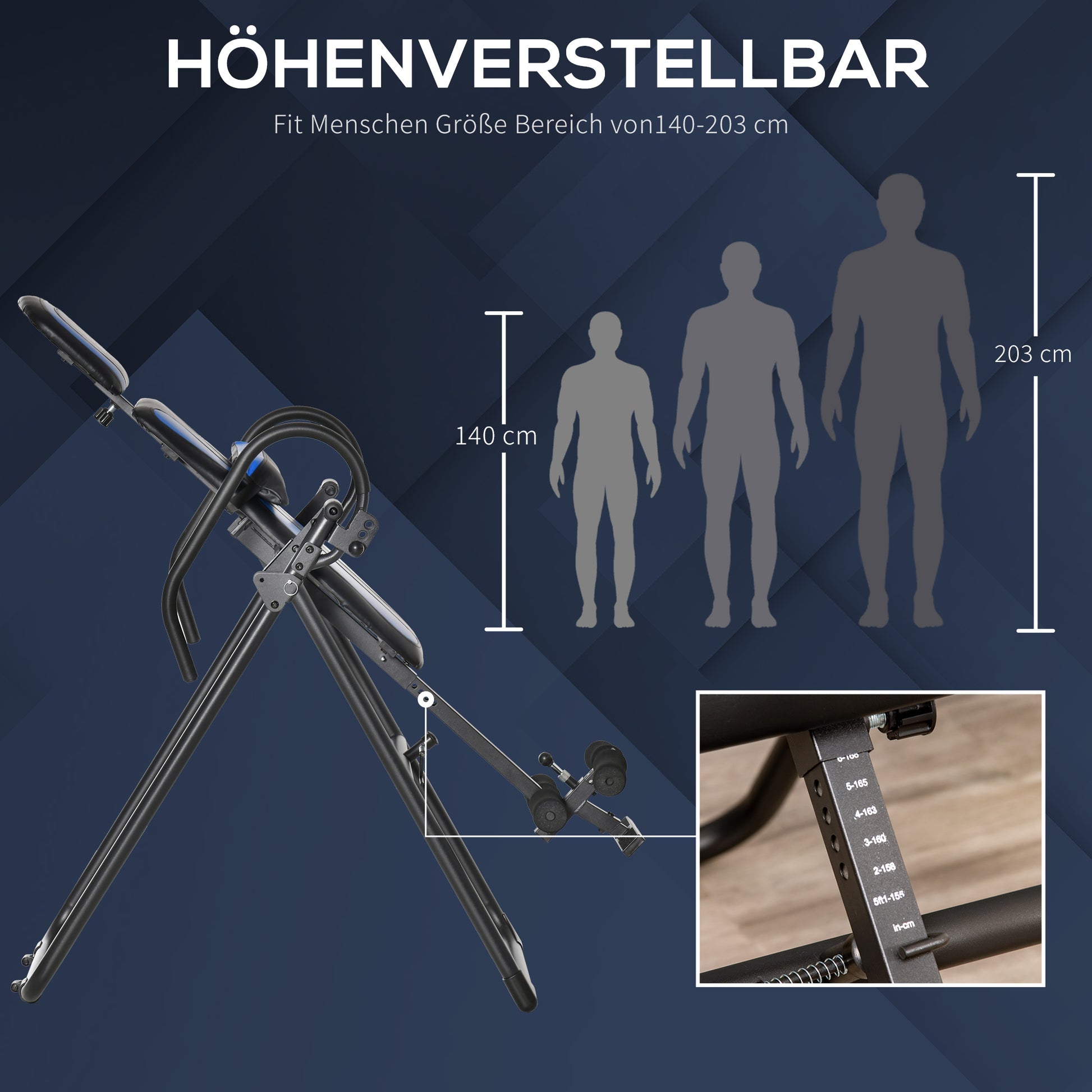 folding inversion bench gravity trainer with two movable wheels adjusted back pad metal ABS Black+Blue 132 x 71 x 145 cm