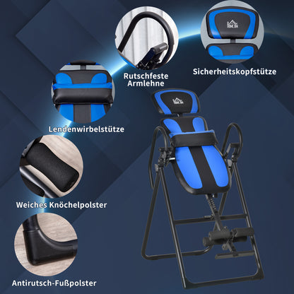 folding inversion bench gravity trainer with two movable wheels adjusted back pad metal ABS Black+Blue 132 x 71 x 145 cm