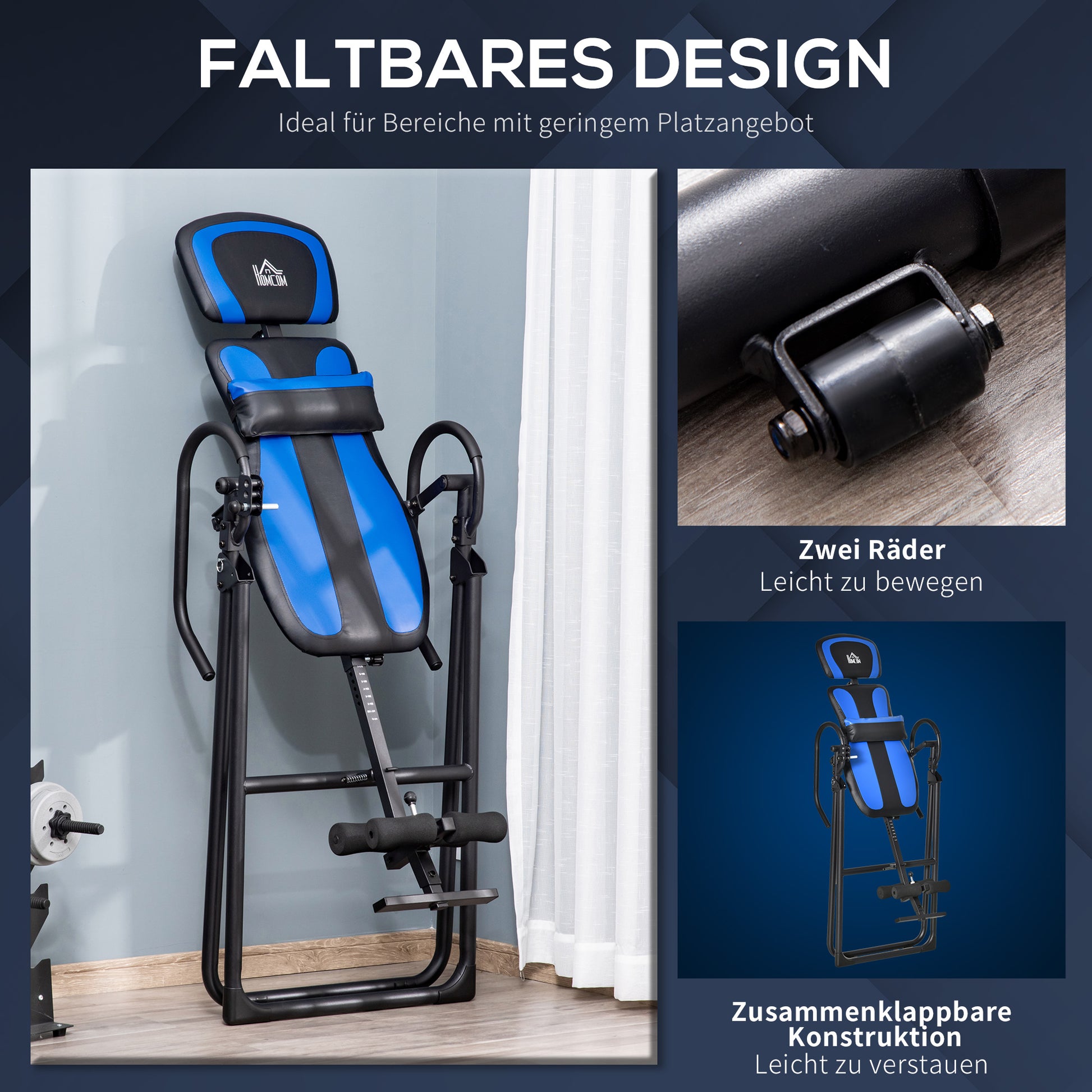 folding inversion bench gravity trainer with two movable wheels adjusted back pad metal ABS Black+Blue 132 x 71 x 145 cm