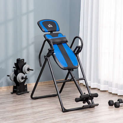 folding inversion bench gravity trainer with two movable wheels adjusted back pad metal ABS Black+Blue 132 x 71 x 145 cm