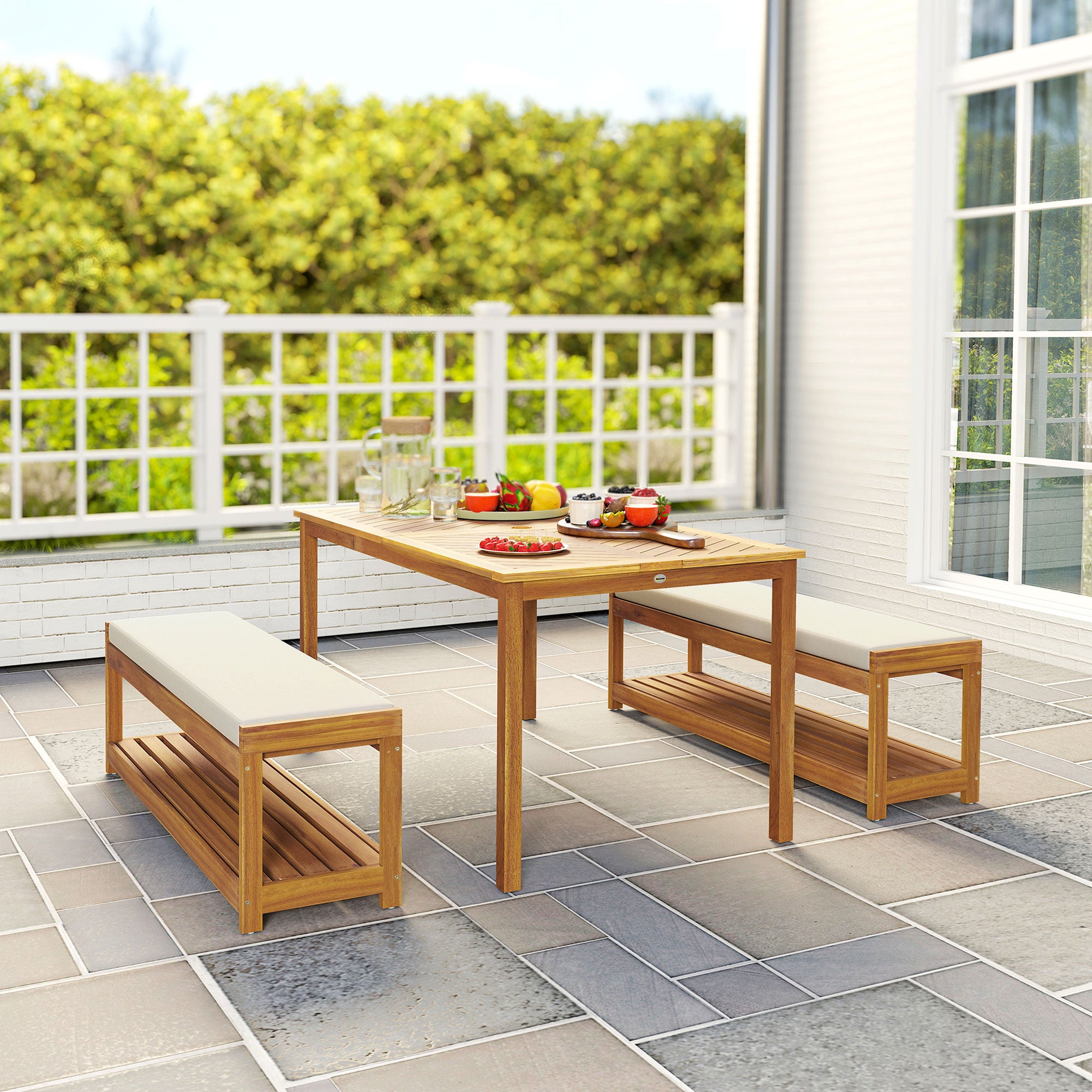 3-piece Garden Furniture Set Teak Wood Seating Group incl. 1 Dining Table with Umbrella Hole, 2 Benches, Balcony Furniture Set, Garden Furniture for Balcony, Terrace, Teak