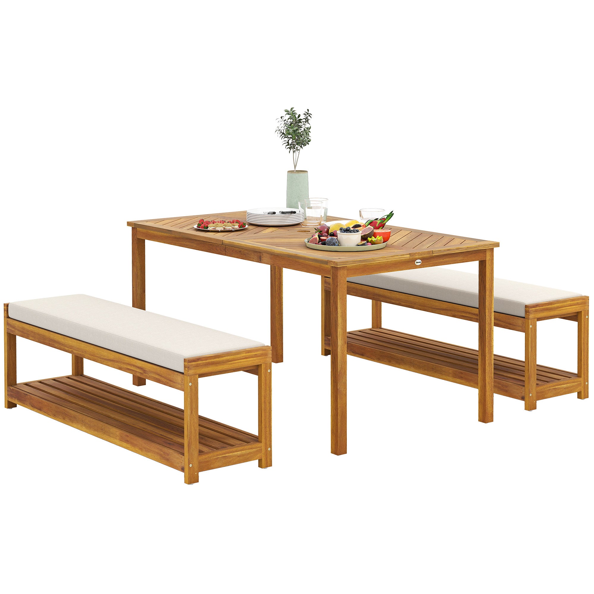 3-piece Garden Furniture Set Teak Wood Seating Group incl. 1 Dining Table with Umbrella Hole, 2 Benches, Balcony Furniture Set, Garden Furniture for Balcony, Terrace, Teak