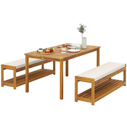 3-piece Garden Furniture Set Teak Wood Seating Group incl. 1 Dining Table with Umbrella Hole, 2 Benches, Balcony Furniture Set, Garden Furniture for Balcony, Terrace, Teak