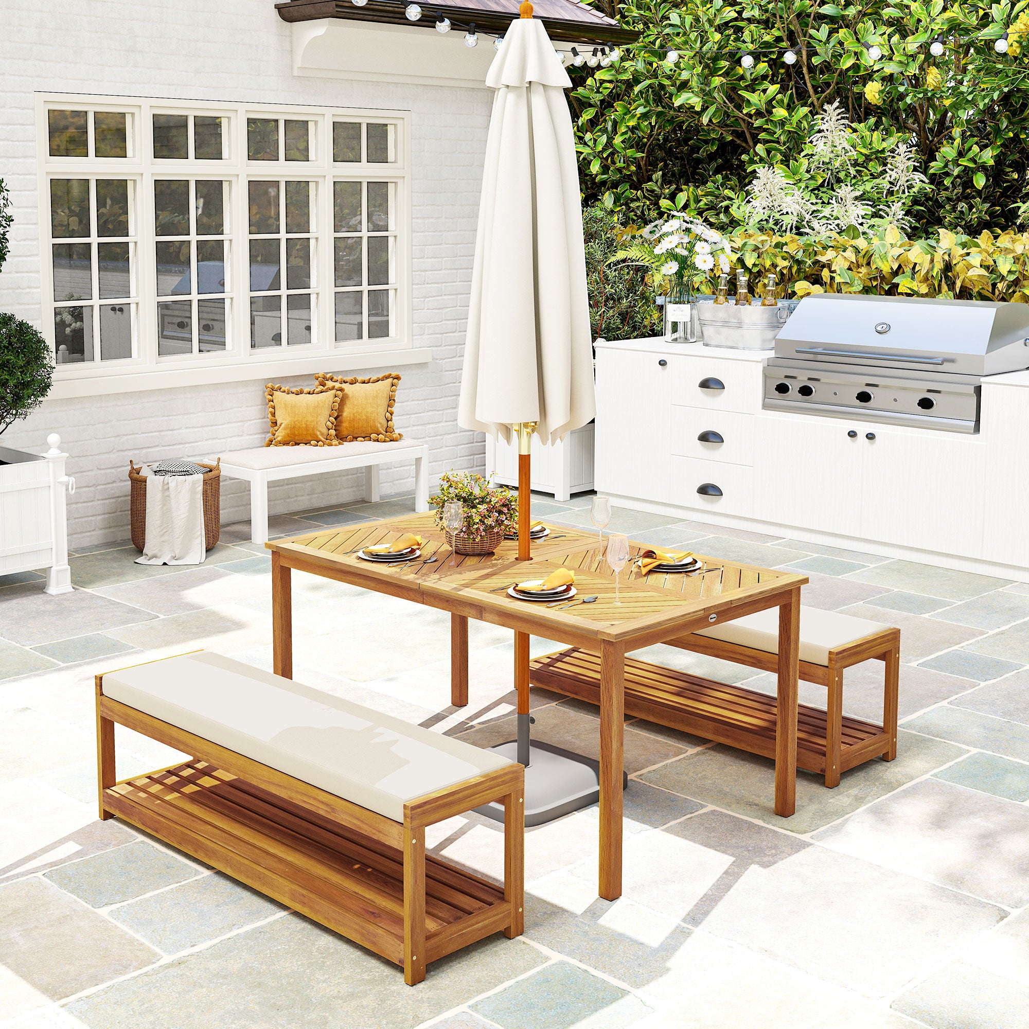 3-piece Garden Furniture Set Teak Wood Seating Group incl. 1 Dining Table with Umbrella Hole, 2 Benches, Balcony Furniture Set, Garden Furniture for Balcony, Terrace, Teak