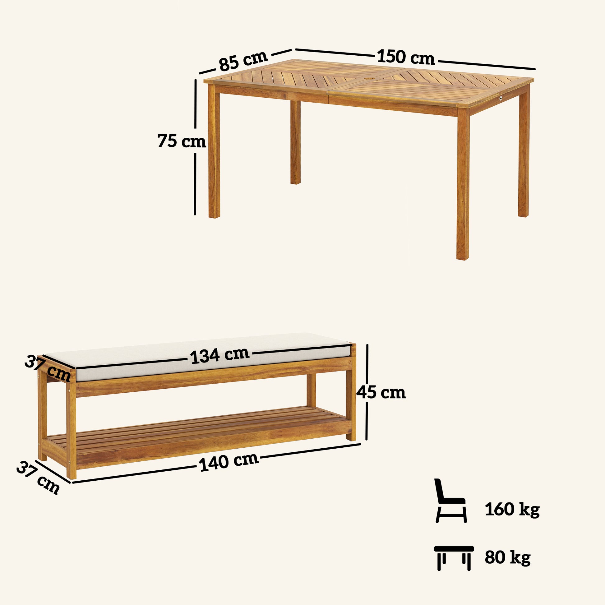 3-piece Garden Furniture Set Teak Wood Seating Group incl. 1 Dining Table with Umbrella Hole, 2 Benches, Balcony Furniture Set, Garden Furniture for Balcony, Terrace, Teak