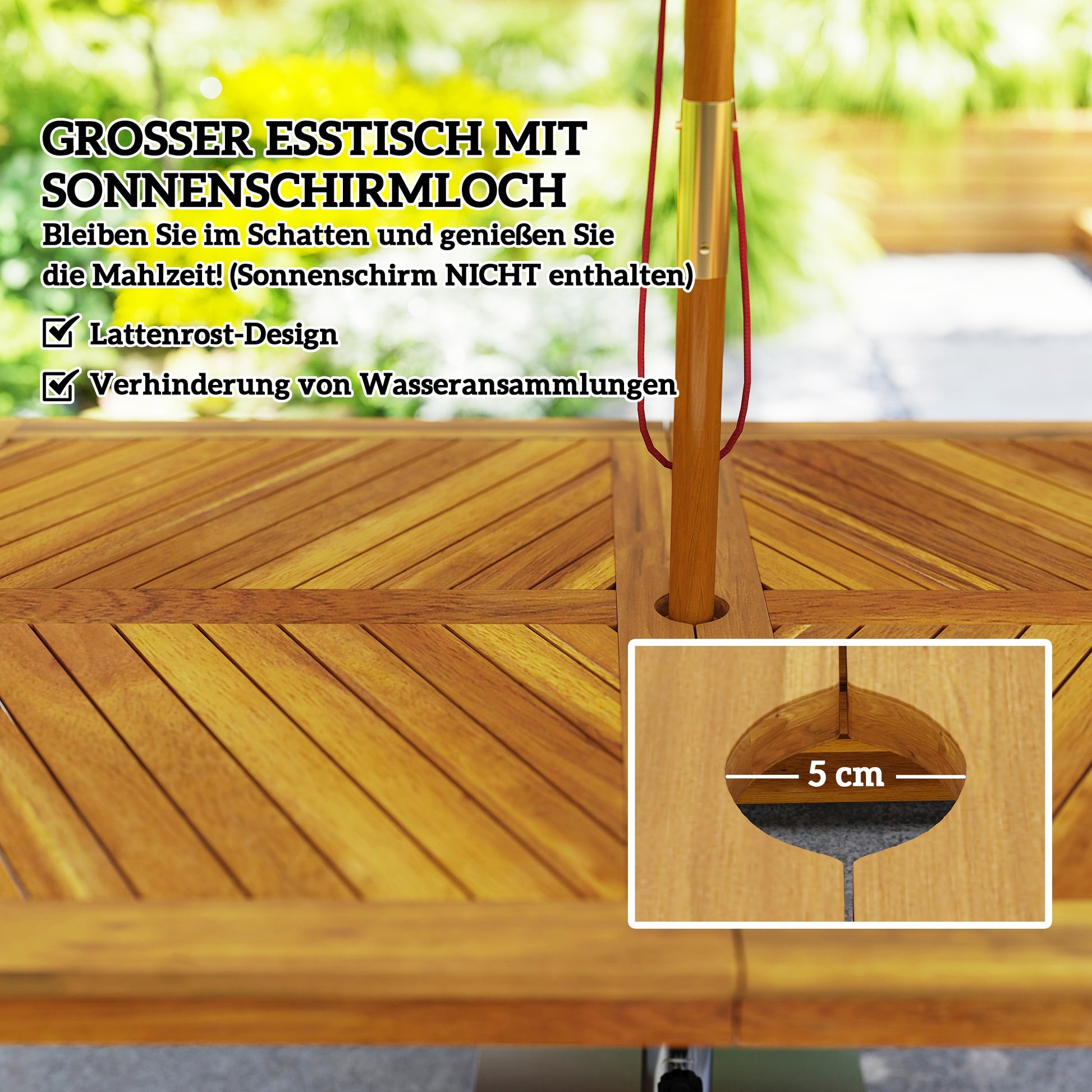 3-piece Garden Furniture Set Teak Wood Seating Group incl. 1 Dining Table with Umbrella Hole, 2 Benches, Balcony Furniture Set, Garden Furniture for Balcony, Terrace, Teak