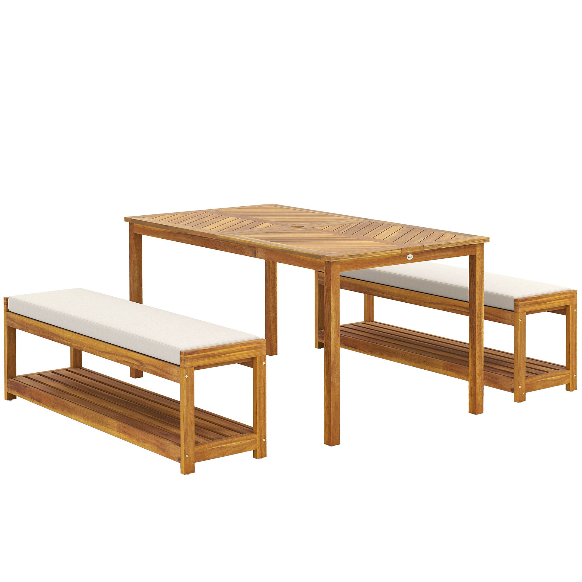 3-piece Garden Furniture Set Teak Wood Seating Group incl. 1 Dining Table with Umbrella Hole, 2 Benches, Balcony Furniture Set, Garden Furniture for Balcony, Terrace, Teak