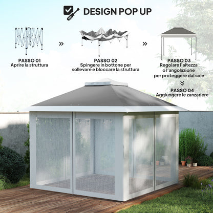 Pop Up Gazebo 3.3x3.3 m Height Adjustable on 3 Levels with Mosquito Nets, Side Panels, and Carry Bag, Outdoor Gazebo with Double Metal Roof and Oxford Fabric, Dark Grey
