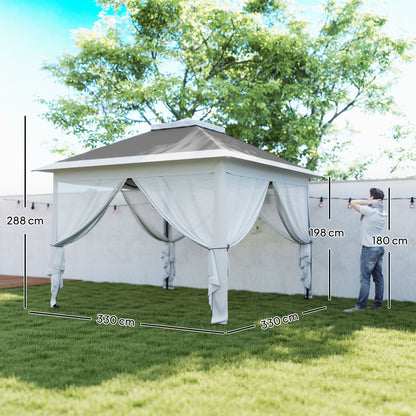 Pop Up Gazebo 3.3x3.3 m Height Adjustable on 3 Levels with Mosquito Nets, Side Panels, and Carry Bag, Outdoor Gazebo with Double Metal Roof and Oxford Fabric, Dark Grey