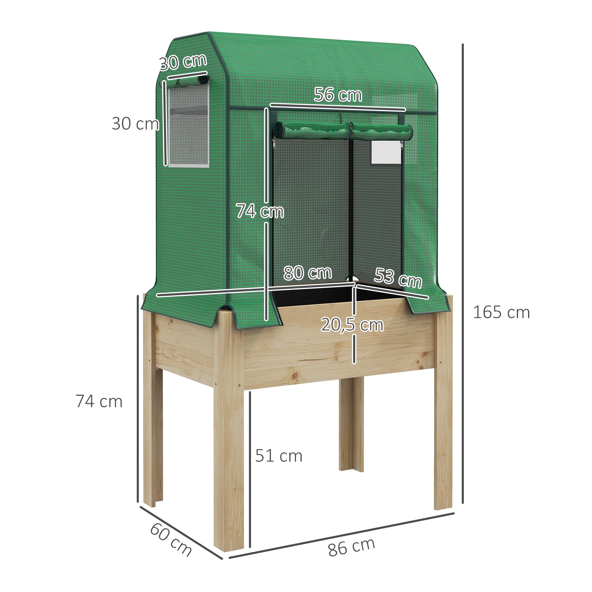 Wooden Raised Bed with Greenhouse, Plant Box, Herb Bed with Fleece, Planter for Balcony, Garden, Natural, Green, 86 x 60 x 165cm