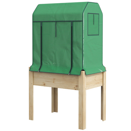 Wooden Raised Bed with Greenhouse, Plant Box, Herb Bed with Fleece, Planter for Balcony, Garden, Natural, Green, 86 x 60 x 165cm