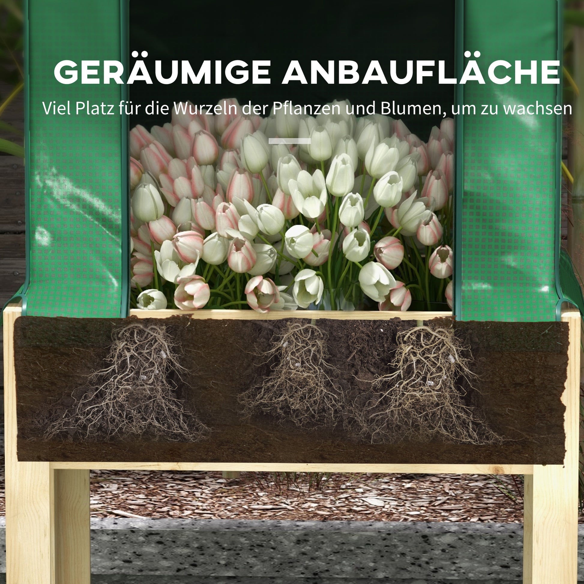 Wooden Raised Bed with Greenhouse, Plant Box, Herb Bed with Fleece, Planter for Balcony, Garden, Natural, Green, 86 x 60 x 165cm