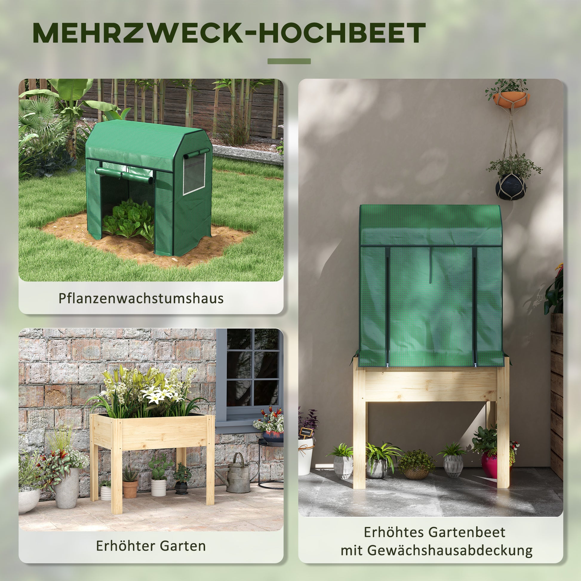 Wooden Raised Bed with Greenhouse, Plant Box, Herb Bed with Fleece, Planter for Balcony, Garden, Natural, Green, 86 x 60 x 165cm