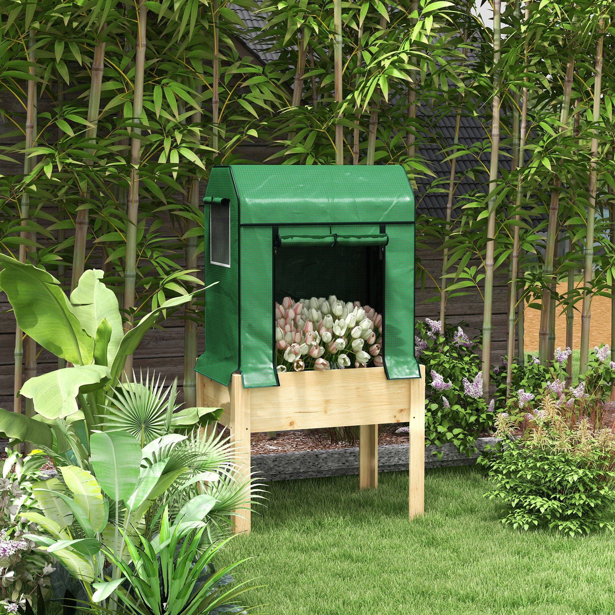 Wooden Raised Bed with Greenhouse, Plant Box, Herb Bed with Fleece, Planter for Balcony, Garden, Natural, Green, 86 x 60 x 165cm