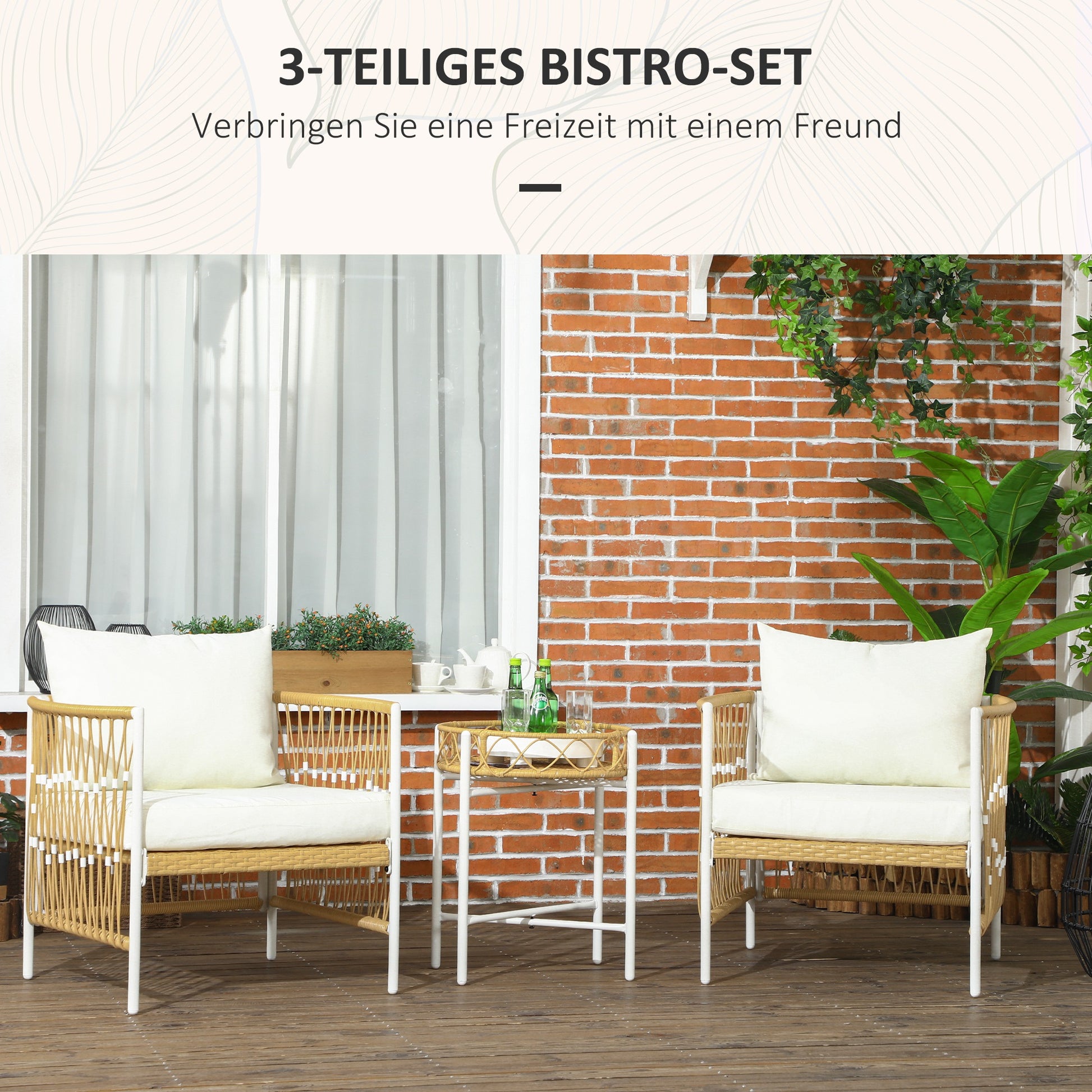 3-Piece Rattan Garden Furniture Set, Patio Set with 2 Garden Chairs, Coffee Table, Balcony Furniture Set with Cushions, for Balcony, Terrace, Yellow+Cream