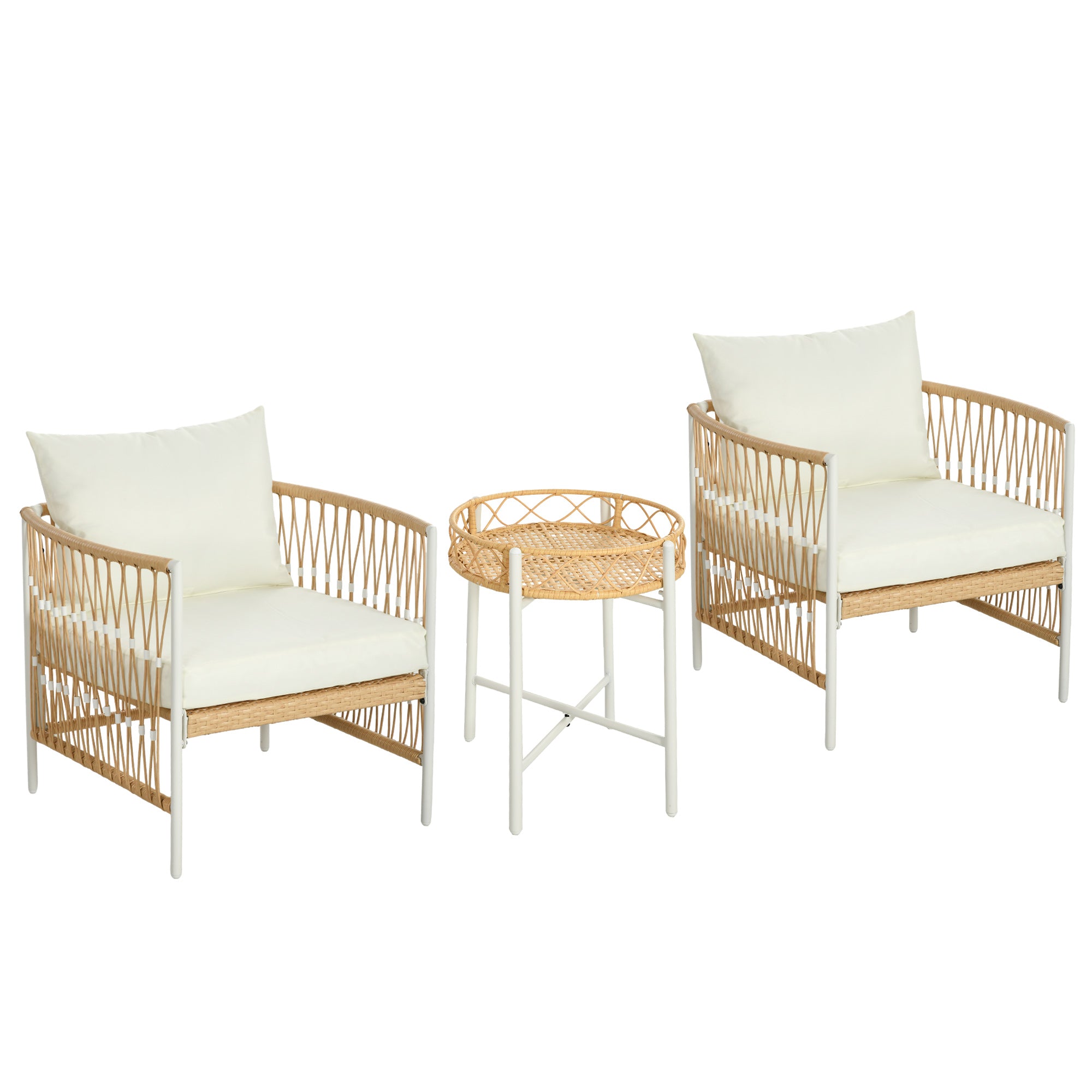 3-Piece Rattan Garden Furniture Set, Patio Set with 2 Garden Chairs, Coffee Table, Balcony Furniture Set with Cushions, for Balcony, Terrace, Yellow+Cream