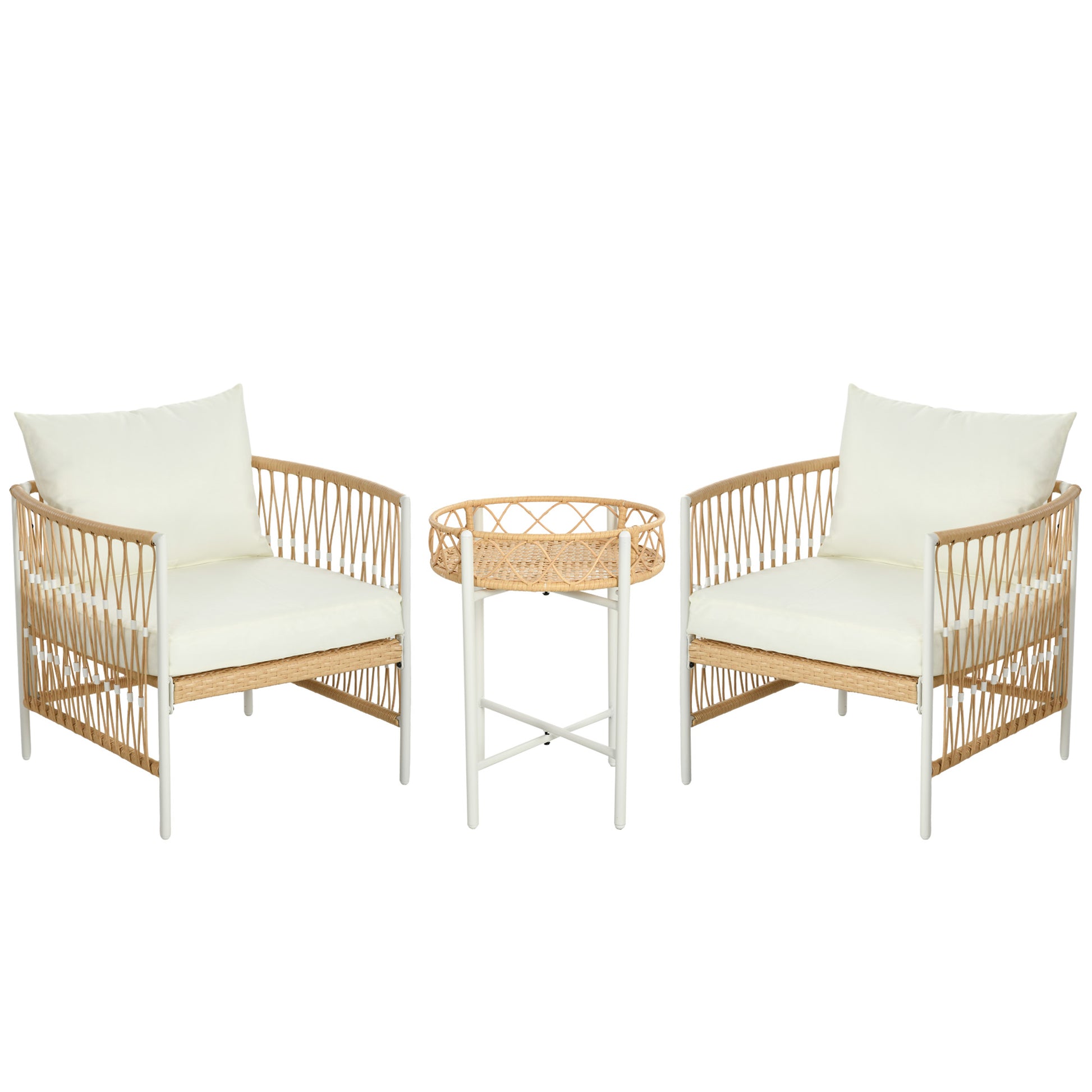 3-Piece Rattan Garden Furniture Set, Patio Set with 2 Garden Chairs, Coffee Table, Balcony Furniture Set with Cushions, for Balcony, Terrace, Yellow+Cream
