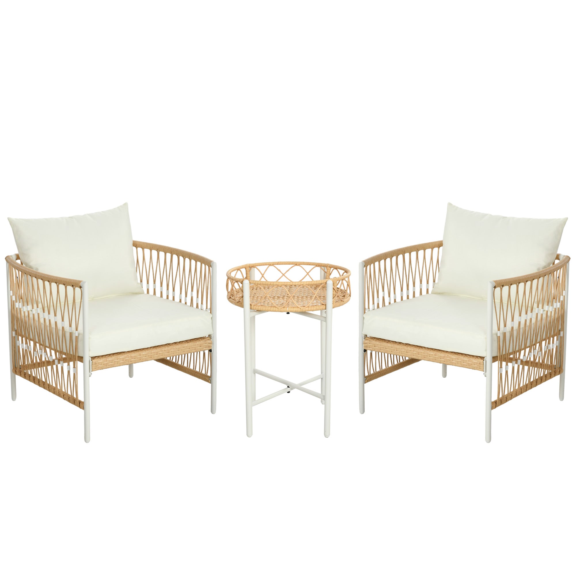 3-Piece Rattan Garden Furniture Set, Patio Set with 2 Garden Chairs, Coffee Table, Balcony Furniture Set with Cushions, for Balcony, Terrace, Yellow+Cream