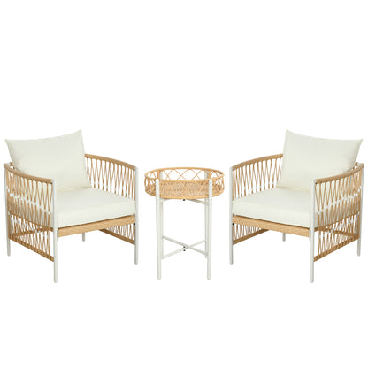 3-Piece Rattan Garden Furniture Set, Patio Set with 2 Garden Chairs, Coffee Table, Balcony Furniture Set with Cushions, for Balcony, Terrace, Yellow+Cream